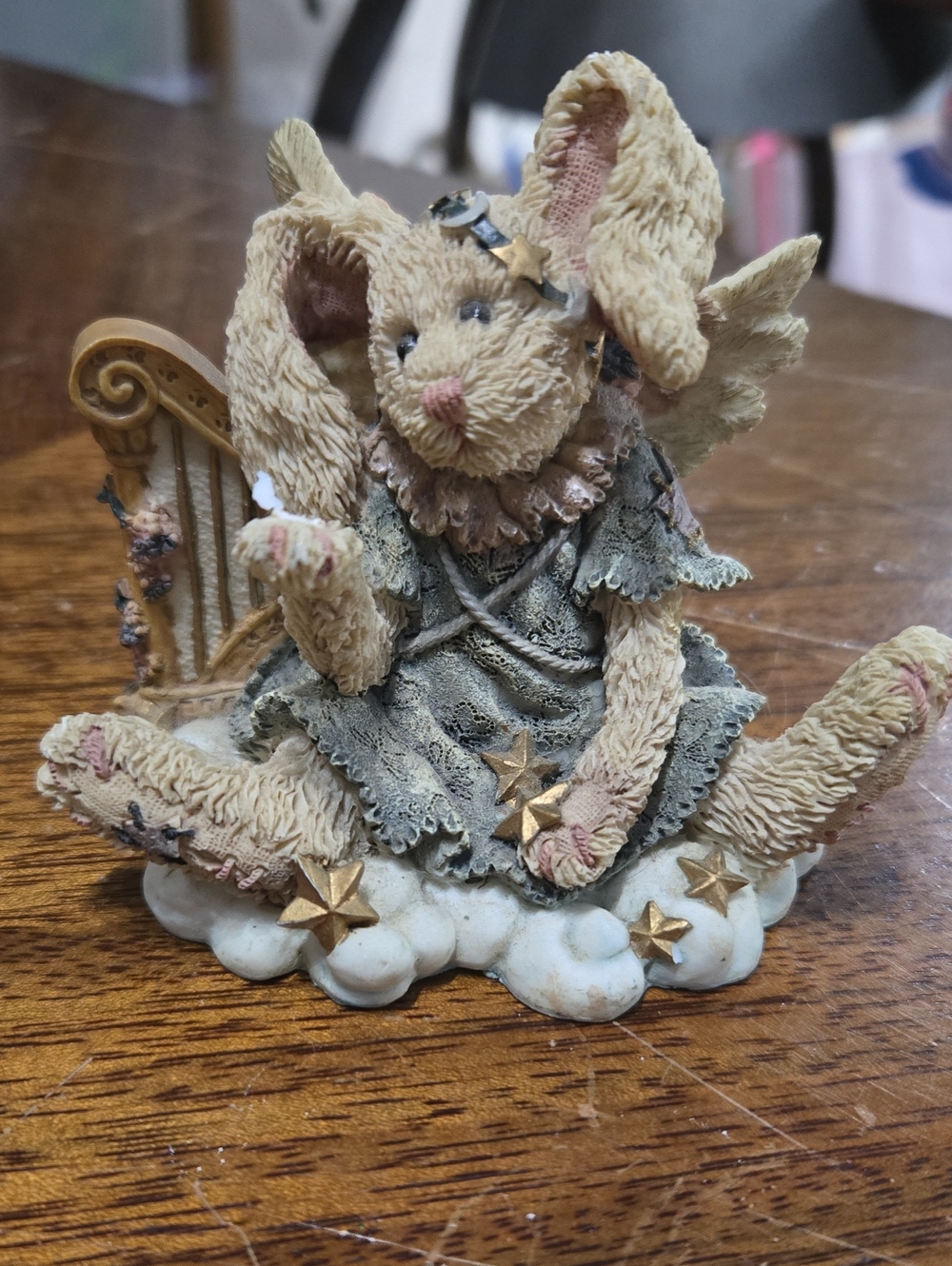 Boyds Bears tan bunny with green dress and gold stars